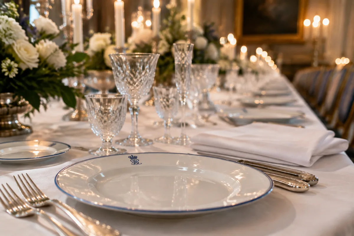 Dukat bord med porslin och kristallglas inför en bankett